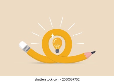 Creative idea, imagination, writing skill or learning and education concept, bending pencil with bright lightbulb idea.