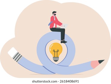 Ideia criativa, imaginação, habilidade de escrita ou aprendizagem e conceito de educação, lápis de dobra com ideia de lâmpada brilhante.

