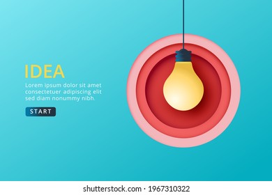 Creative idea, Innovation, Brainstorming concept with big light bolb and red circle paper cut layers on blue background.Website Landing page.Vector illustration.