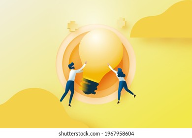 Creative idea, Innovation, Brainstorming concept with male and female holding big light bolb on yellow background.Website Landing page.Vector illustration.