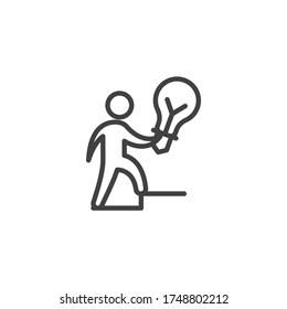 Creative idea innovation line icon. linear style sign for mobile concept and web design. Businessman climbing career ladder with idea lamp outline vector icon. Symbol, logo illustration. 