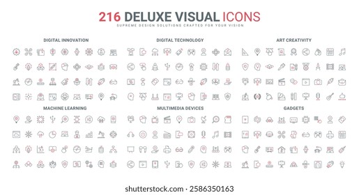 Creative idea innovation, multimedia, AI development, digital environment and cloud services line icon set. Augmented reality, NFT and games thin black and red outline symbols vector illustration