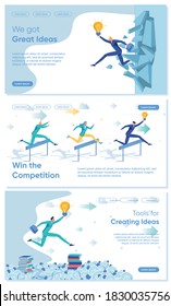 Kreative Ideen und innovative, fortschrittliche Lösung für die Unternehmensentwicklung - mit Cartoon-Zeichen für Menschen ausgestattet. Werbestrategie und Marktführungstechnologie. Flache Vektorgrafik.