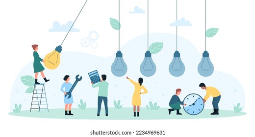 Creative idea, insight, efficiency and business innovation vector illustration. Cartoon tiny character holding yellow bright light bulb of success invention, dark electric lamps hang on wires in row