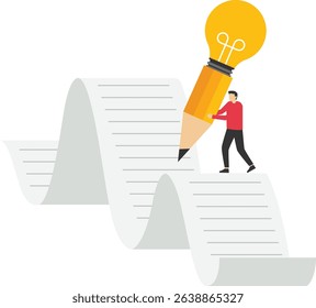 Creative idea and inspiration to begin writing blog, creativity and imagination to success in work, talent and writhing skill concept, smart young man using big pencil with lightbulb idea writing on p