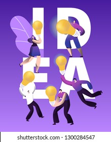 Creative Idea Inspiration Bulb Character Typography Poster. Business Brainstorm Communication Conceptual Banner Template. Education Purple Vertical Card Vector Flat Cartoon Illustration