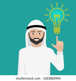 Creative idea or inspiration - businessman in traditional arabic clothing with fith beard shows to the lamp - symbol of solution - vector cartoon flat illustration