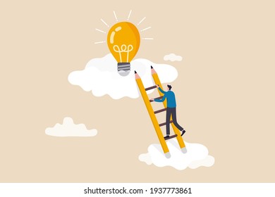 Idea creativa, inspiración o imaginación para crear un nuevo concepto innovador de trabajo, oportunidad o sabiduría, hombre creativo empresario escalando escaleras construidas de lápiz a nube superior para encontrar una idea de bombilla