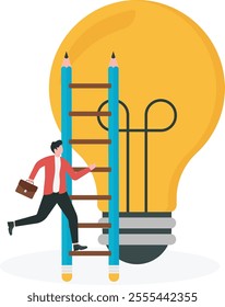 Creative idea, inspiration or imagination to create new innovative work, opportunity or wisdom concept, businessman creative guy climbing ladder built from pencil to upper cloud to find lightbulb idea