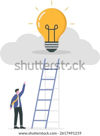 Creative idea, inspiration or imagination to create new innovative work, opportunity or wisdom concept, businessman creative guy climbing ladder built from pencil to upper cloud to find lightbulb idea