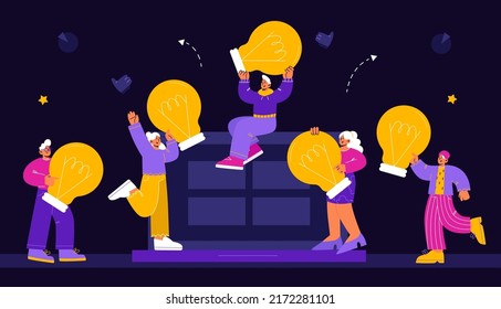 Creative idea, inspiration, innovation concept. Tiny people with huge light bulbs at laptop screen. Business characters team hold lamps search solution or insights, Line art flat vector illustration