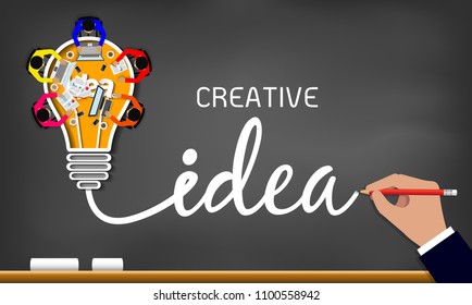 Creative idea. inspiration planning light bulb icon concept drawing on blackboard background. teamwork. businessmen help to brainstorm to achieve higher and success. vector illustration