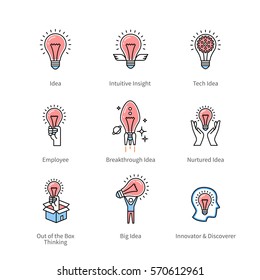 Creative idea, intuition insight, thinking person, business innovation symbols. Thin line art icons with flat colorful design elements. Modern linear style illustrations isolated on white.