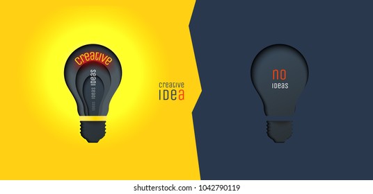 Creative idea, invention, inspiration, innovation, solution. Paper cut lamp. Conceptual illustration. Banner. Card.