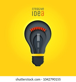 Creative idea, invention, inspiration, innovation, solution. Paper cut lamp. Conceptual illustration. Banner. Card.