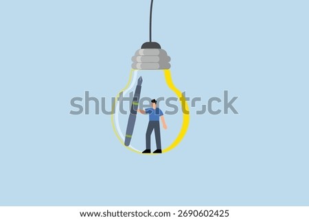 Creative idea, inventive individual grasping a pencil contemplates an idea represented by lightbulb