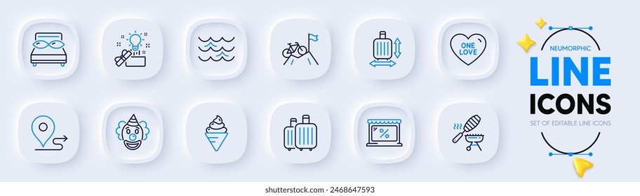 Creative idea, Journey and Clown line icons for web app. Pack of Baggage, One love, Market pictogram icons. Fish grill, Waves, Mountain bike signs. Ice cream, Baggage size, Pillows. Vector