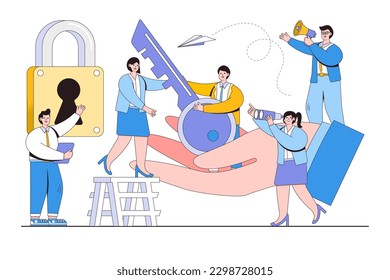 Creative idea key to success concept with business people characters. Outline design style minimal vector illustration for landing page, web banner, infographics, hero images.