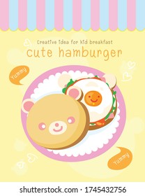 Creative idea for kid breakfast, Cute Hamburger, egg, tomato, Cute Foods style, Vector Illustration