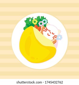 Creative idea for kid breakfast, omelet, sausage with Steam rice, tomato, Cute Foods style, Vector Illustration