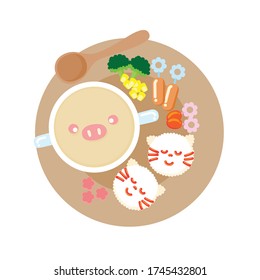 Creative idea for kid breakfast, Soup Ham with Rice, Cute Foods style, Vector Illustration.