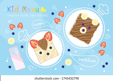 Creative idea for kid, Slice of bread with Milk and fruit Strawberry, Banana, blueberry,  Cute Foods style, Vector Illustration