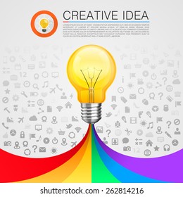 Creative idea lamp with rainbow. Vector illustration