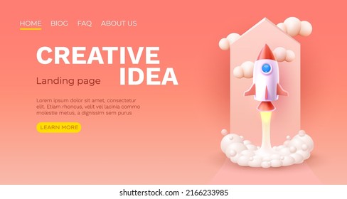 Creative idea landing page, rocket space banner. Vector illustration