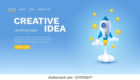 Creative idea landing page, rocket space banner. Vector illustration