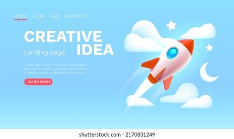 Creative idea landing page, rocket space banner. Vector illustration