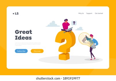 Creative Idea Landing Page Template.. Business Man Character Hold Huge Light Bulb, Woman Sit on Question Mark with Laptop in Hands. Team Searching Project Insights. Cartoon People Vector Illustration
