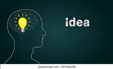 Ideas creativas iluminan el cerebro de la bombilla en el fondo de Chalkboard como concepto de pensamiento y lluvia de ideas. ilustración vectorial
