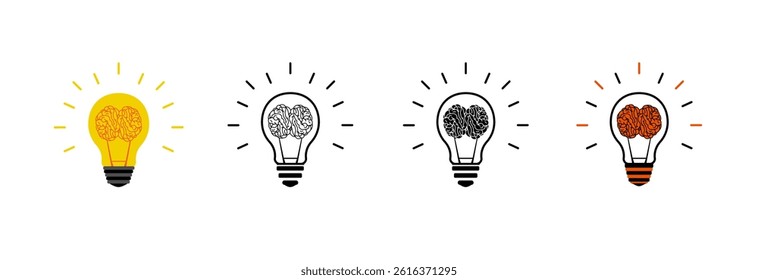 Creative idea, light bulb with brain inside icon.