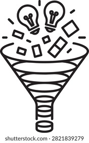 Creative idea light bulb funnel concept with floating icons and innovation symbols