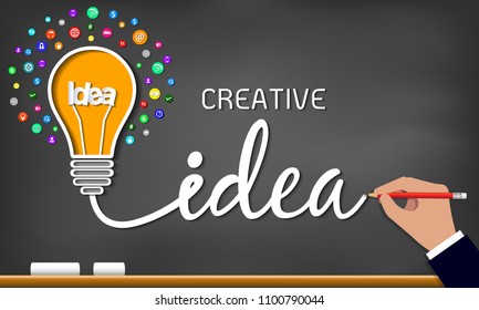 Creative Idea Light Bulb Icon. Spark Success In Business Inspiration Drawing On Blackboard Background. Vector Illustration. EPS 10