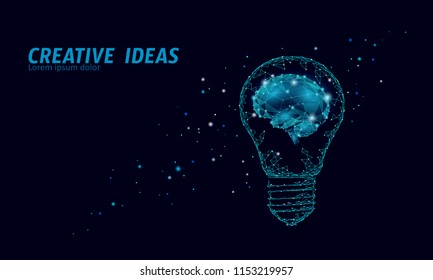 Creative idea light bulb night star sky. Low poly polygonal business brainstorm startup dark blue space modern geometric 3d lamp. Invention brain shape inspiration banner vector illustration