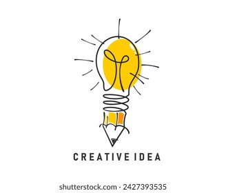 Icono de lápiz de bombilla de idea creativa. Símbolo vectorial aislado de imaginación, innovación, arte o diseño. Emblema lineal con lámpara brillante, signo de escritura, creatividad, perspicacia e inspiración artística