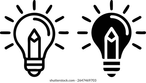 Creative Idea Light Bulb Pencil Icon Set Black and White Vector Illustration