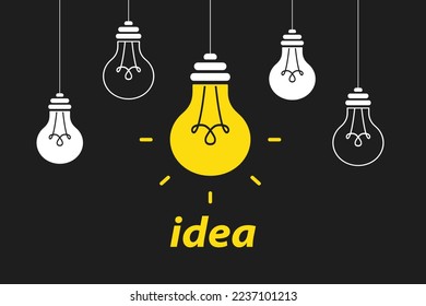 Idea creativa. Bombillas con una colgada y brillante. Iconos modernos de bombilla vectorial plana con el concepto de idea. Innovación, solución, educación. Símbolo de creatividad, idea creativa, mente, pensamiento