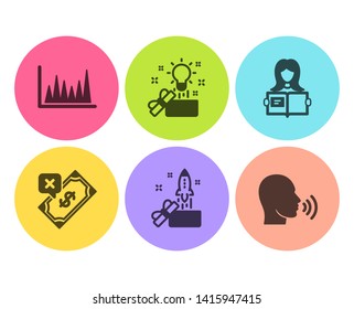 Creative idea, Line graph and Innovation icons simple set. Rejected payment, Woman read and Human sing signs. Present box, Market diagram. Education set. Flat creative idea icon. Circle button. Vector