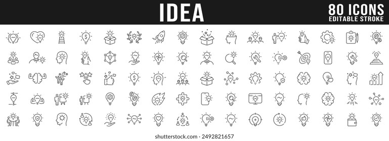 Conjunto grande de iconos de línea de idea creativa. Lluvia de ideas, bombilla, solución, innovación, etc. Trazo editable