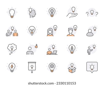 Creative idea line icon set. Electricity bulb, brainstorm presentation, education, solution minimal vector illustration. Simple outline sign for innovation. Orange Color, Editable Stroke