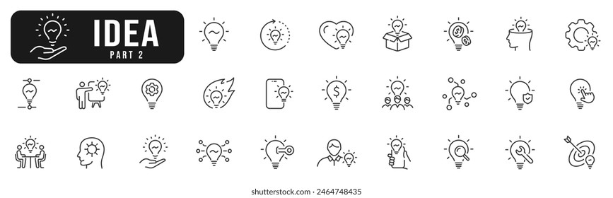 Creative idea line icon set. Brainstorming, lightbulb, solution, innovation etc. Editable stroke. Part 2