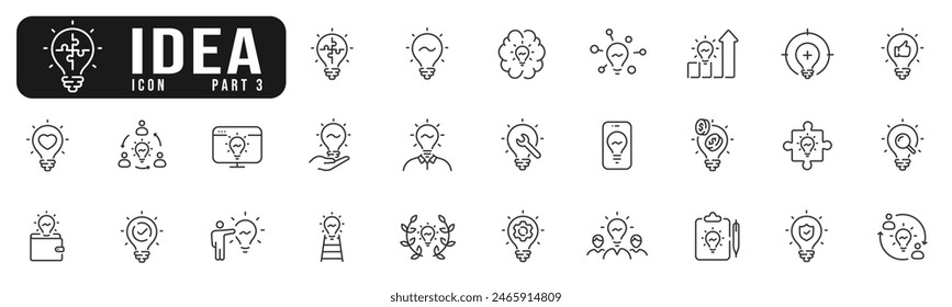 Creative idea line icon set. Innovation, lightbulb, solution, inspiration etc. Editable stroke. Part 3