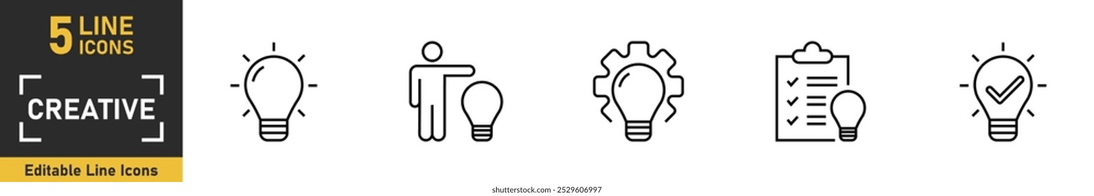 Creative idea line icon set. Set of 5 outline icons related to creative, idea, bulb and more. Vector illustration.