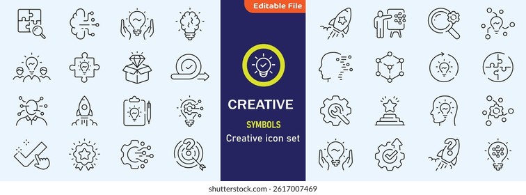 Creative idea line icon set. Innovation, lightbulb, solution, inspiration etc. Editable stroke