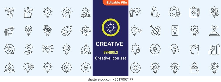 Creative idea line icon set. Innovation, lightbulb, solution, inspiration etc. Editable stroke