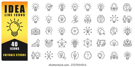 Creative Idea Line Icon Set With Editable Stroke Design Featuring Light Bulbs, Brainstorming, Innovation, Strategy, Artificial Intelligence, Teamwork, And Problem Solving Concepts For Web, App, Ui. Vector.