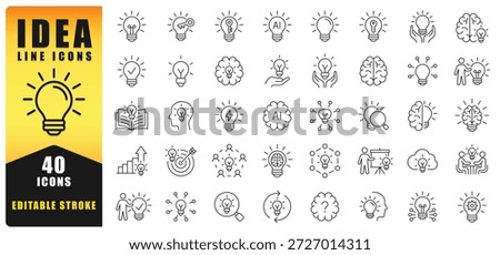 Creative Idea Line Icon Set With Editable Stroke Design Featuring Light Bulbs, Brainstorming, Innovation, Strategy, Artificial Intelligence, Teamwork, And Problem Solving Concepts For Web, App, Ui. Vector.