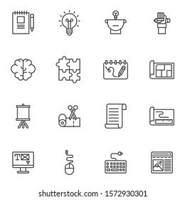 Creative idea line icons set. linear style symbols collection, outline signs pack. vector graphics. Set includes icons as lamp, puzzle, brainstorming, graphic design, blueprint plan, notebook and pen 